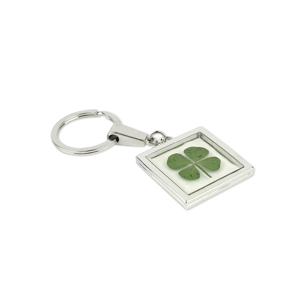 Clover Keyring - Fancy Resin Craft Art Pressed Real Four Leaf Clover Key Chain - Square Shape